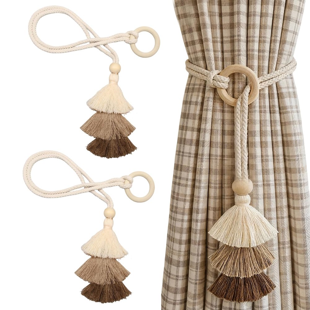 2 Pack Boho Curtain Tiebacks,Beige Hand Knitting Cotton Curtain Holdbacks with Adjustable Natural Wooden Bead for Indoor Outdoor Drapes Decorative