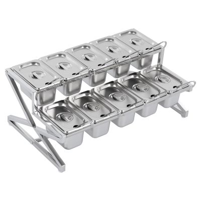 10 Pans Commercial Spice Set 2-Tier Expandable Spice Rack Set with 10 Lids & 10 Ladles, Countertop Spice Rack Countertop Holder for Seasoning Topping