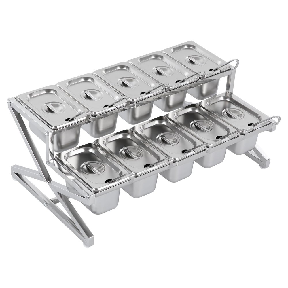 10 Pans Commercial Spice Set 2-Tier Expandable Spice Rack Set with 10 Lids & 10 Ladles, Countertop Spice Rack Countertop Holder for Seasoning Topping