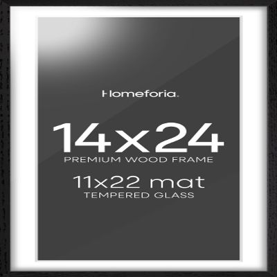 Homeforia 14x24 Picture Frame Black Wood, High End Oak 14x24 Poster Frames with Mat 11x22 Photo, 14 x 24 Wooden Frame Matted to 11 by 22 Print, 24x14 Hanging Frames, Tempered Glass, Wall Kit, Set of 1