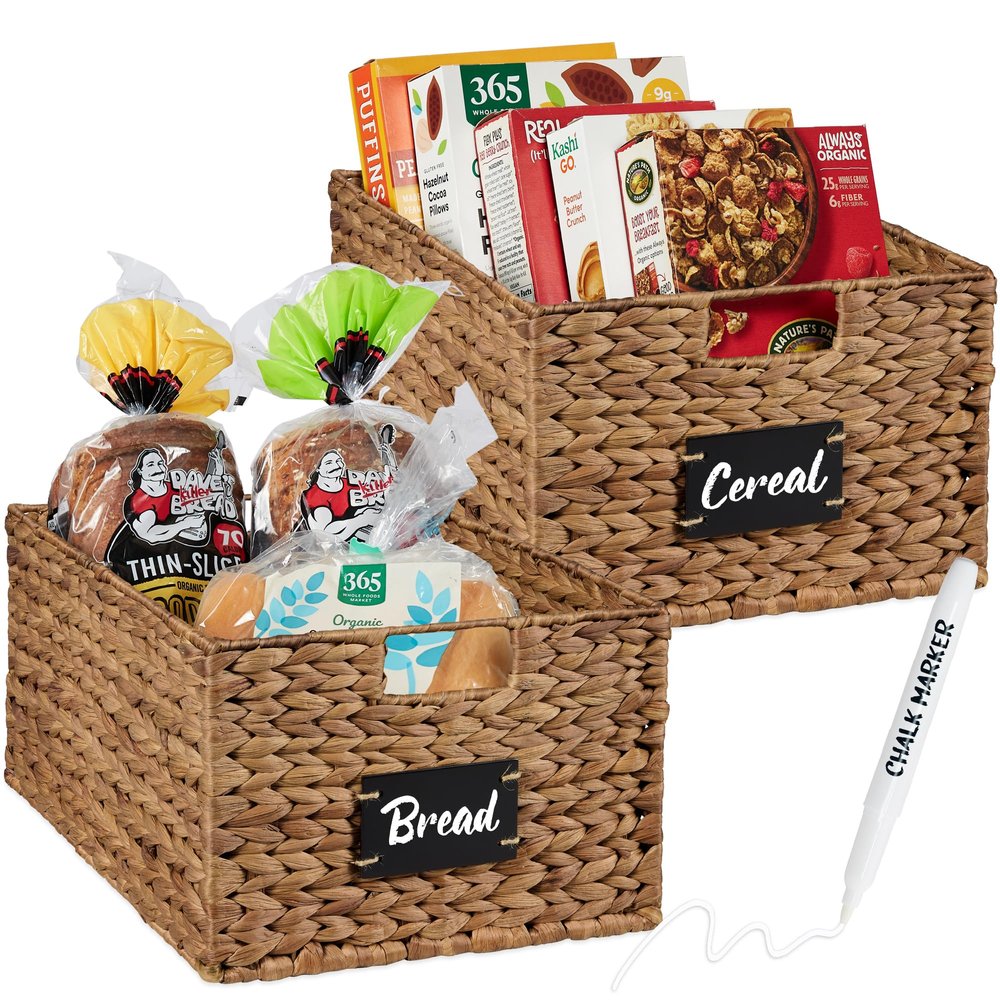 Best Choice Products Pantry Baskets Set of 2 16x12in Water Hyacinth Storage Baskets, Woven Wicker Kitchen Organizers with handles w/Chalkboard Label Chalk Marker - Chestnut