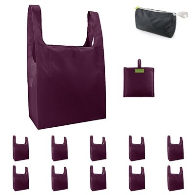 BeeGreen Burgundy Reusable Grocery Bags with Zipper Storage Pouch 10 Packs Wine Red Reusable Shopping Bags Bulk Foldable-Machine Washable