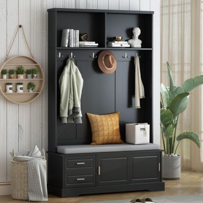 Elegant Hall Tree with Sliding Doors, Versatile Coat Rack with 6 Silvery Hooks & Handles, Mudroom Bench Cabinet with Shoe Storage & 44.4" W Cushion for Hallway, Living Room, 47.2 * 78.7 (Black)
