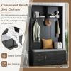 Elegant Hall Tree with Sliding Doors, Versatile Coat Rack with 6 Silvery Hooks & Handles, Mudroom Bench Cabinet with Shoe Storage & 44.4" W Cushion for Hallway, Living Room, 47.2 * 78.7 (Black) view 2