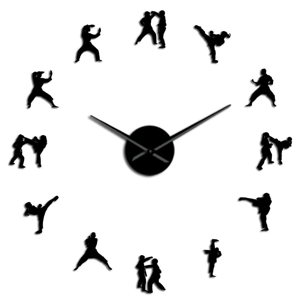 Karate Taekwondo Large DIY Wall Clock Athlete Fighting Mirror Wall Stickers Wall Watch Clocks Living Room Decoration Horologe(Black,47inch)