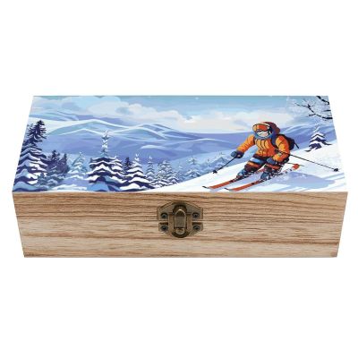 YHNNH Winter Skiing Wooden Storage Box Large Wood Box With Hinged Lid Natural Wood Storage Boxes for Crafts, Art, DIY, Stash, Keepsake, Gifts