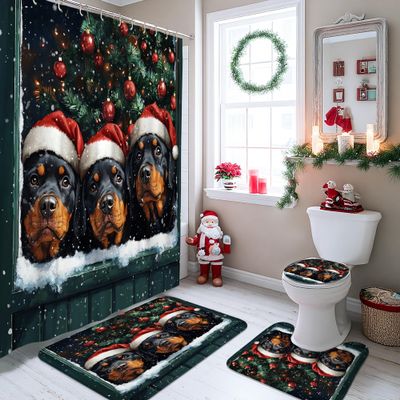4PCS Christmas Rottweilers Dog Shower Curtain Set with Non-Slip Rug, U Shape Toilet Lid Cover Mat, Xmas Balls Window Puppy Bath Decor, Bathroom Accessory