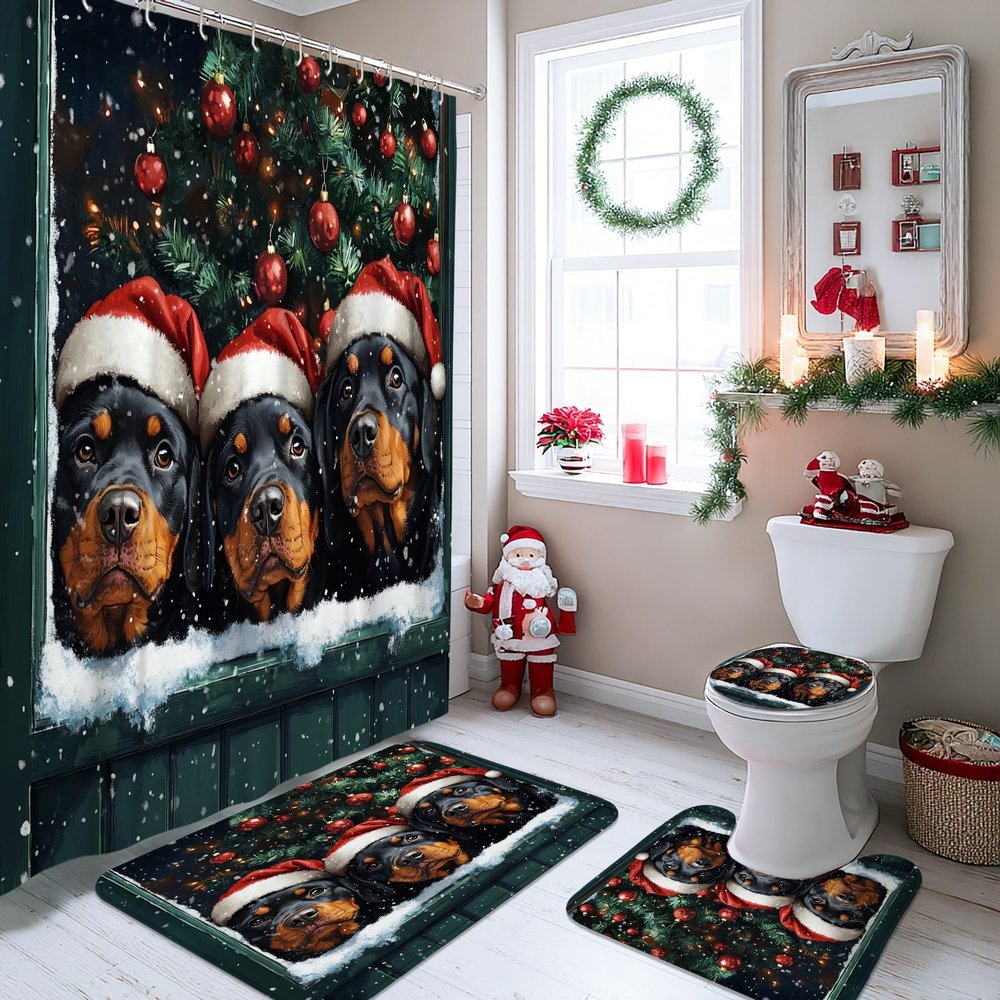 4PCS Christmas Rottweilers Dog Shower Curtain Set with Non-Slip Rug, U Shape Toilet Lid Cover Mat, Xmas Balls Window Puppy Bath Decor, Bathroom Accessory