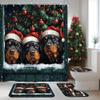 4PCS Christmas Rottweilers Dog Shower Curtain Set with Non-Slip Rug, U Shape Toilet Lid Cover Mat, Xmas Balls Window Puppy Bath Decor, Bathroom Accessory view 2