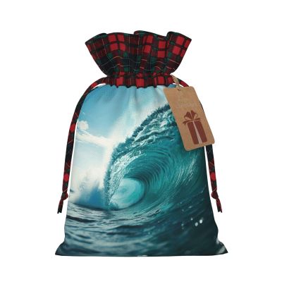 AKDODK Ocean Green Wave Surf Print Christmas Drawstring Packaging Bags,Cloth Snack Bags,Suitable For Candy,Gifts And Storage