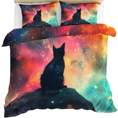 GKPLY Cat Print Bedding Sets - Mystical Cat Duvet Cover Full - Fantasy Galaxy Comforter Cover with Zipper - 3 Pieces with 2 Pillowcases - Bedroom Decor & Gifts
