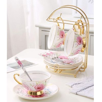 EHVYBDX 15 Piece European Porcelain Tea Set Service Coffee Set with Metal Holder, Rose Pattern Vintage Mug Ceramic Sugar Bowl Drinkware,Teapot Pot Cups Sets for Household