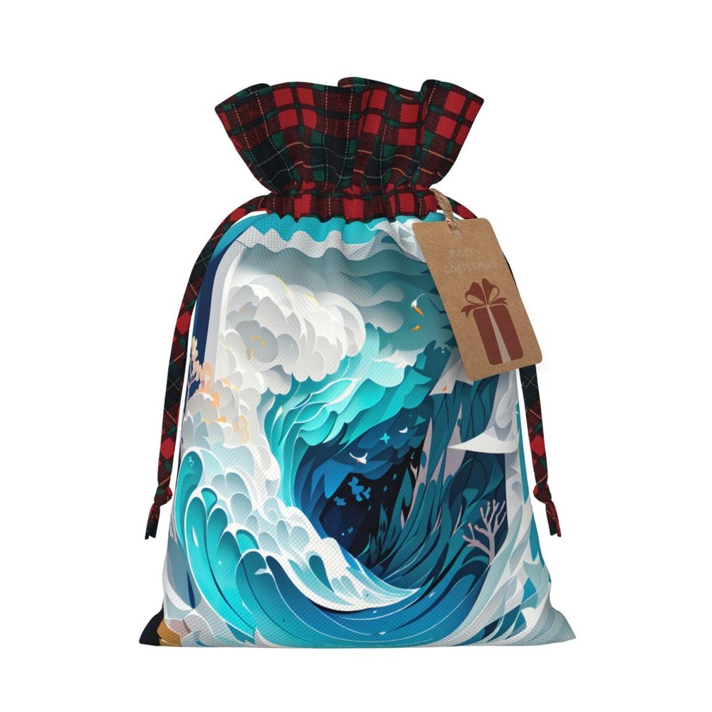 AKDODK Ocean Wave Print Christmas Drawstring Packaging Bags,Cloth Snack Bags,Suitable For Candy,Gifts And Storage