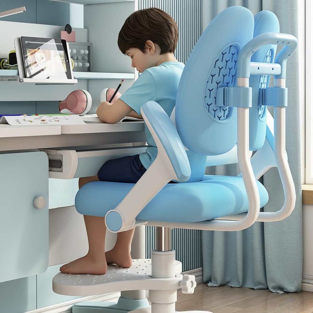 Kids Desk Chair, Adjustable Swivel Chair for Kids with Rotating Handrail and Ergonomic Backrest, Children Study Chair for Boys and Girls (Blue)