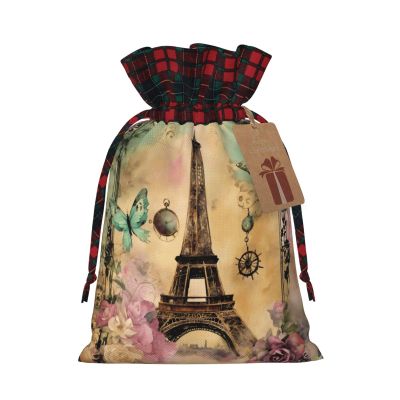 AKDODK Paris Eiffel Tower Print Christmas Drawstring Packaging Bags,Cloth Snack Bags,Suitable For Candy,Gifts And Storage