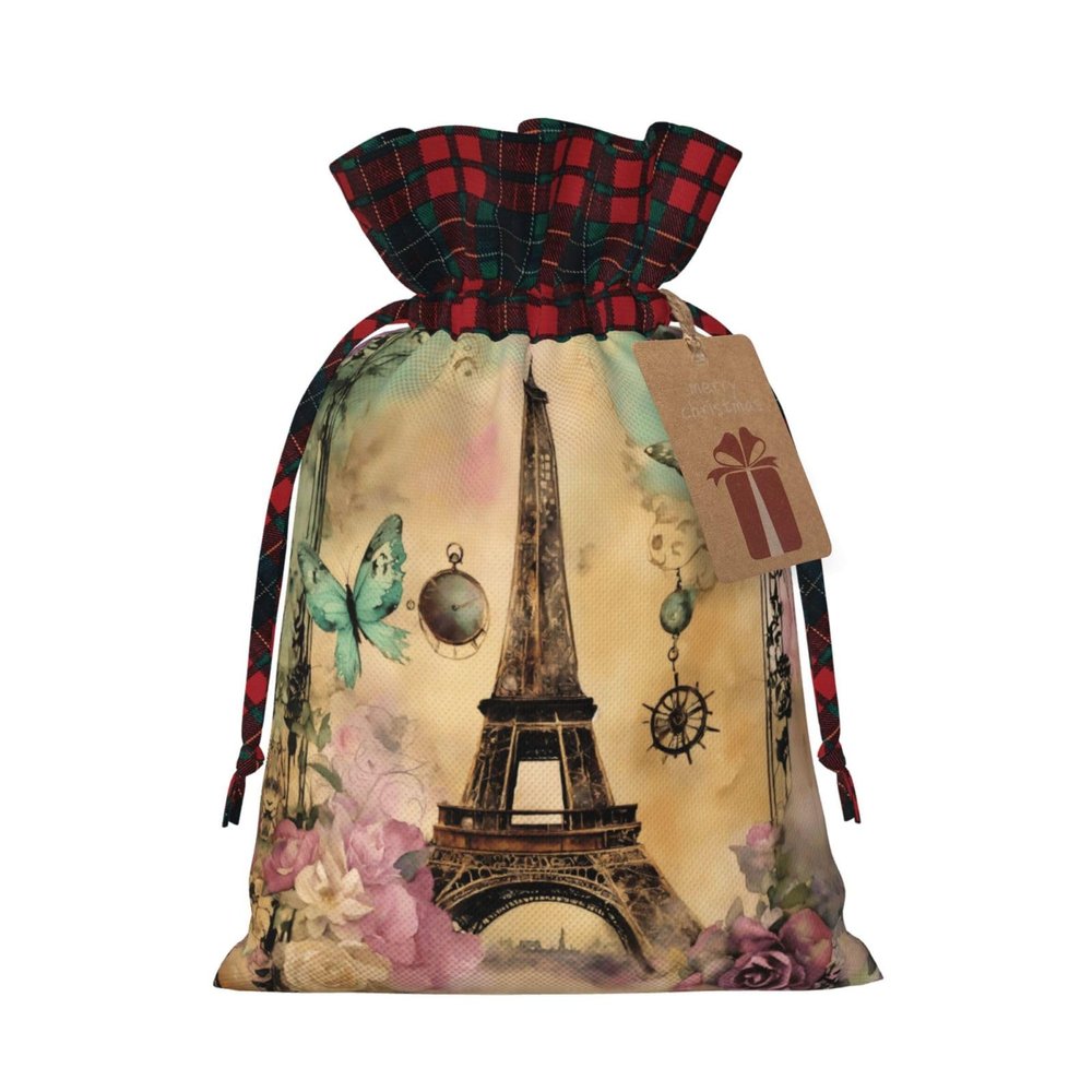 AKDODK Paris Eiffel Tower Print Christmas Drawstring Packaging Bags,Cloth Snack Bags,Suitable For Candy,Gifts And Storage