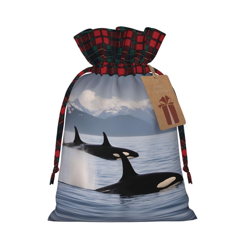 AKDODK Killer Whales Swim Along Print Christmas Drawstring Packaging Bags,Cloth Snack Bags,Suitable For Candy,Gifts And Storage