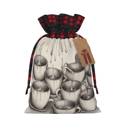 AKDODK Hand Drawn Teapots And Cups Print Christmas Drawstring Packaging Bags,Cloth Snack Bags,Suitable For Candy,Gifts And Storage