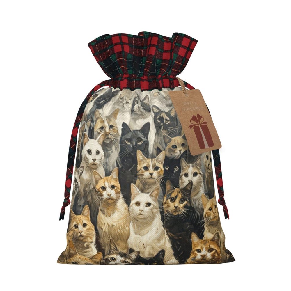 AKDODK Cat Print Christmas Drawstring Packaging Bags,Cloth Snack Bags,Suitable For Candy,Gifts And Storage