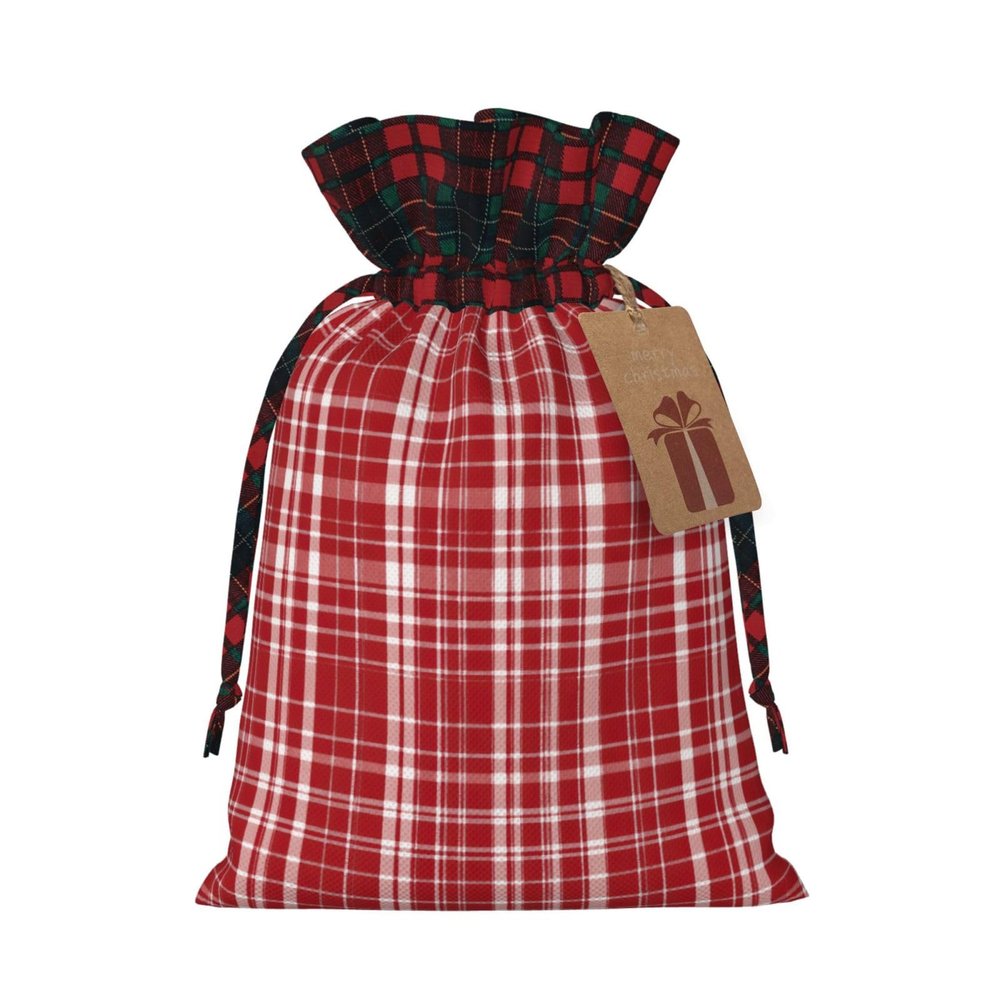AKDODK Plaid Red And Black Print Christmas Drawstring Packaging Bags,Cloth Snack Bags,Suitable For Candy,Gifts And Storage