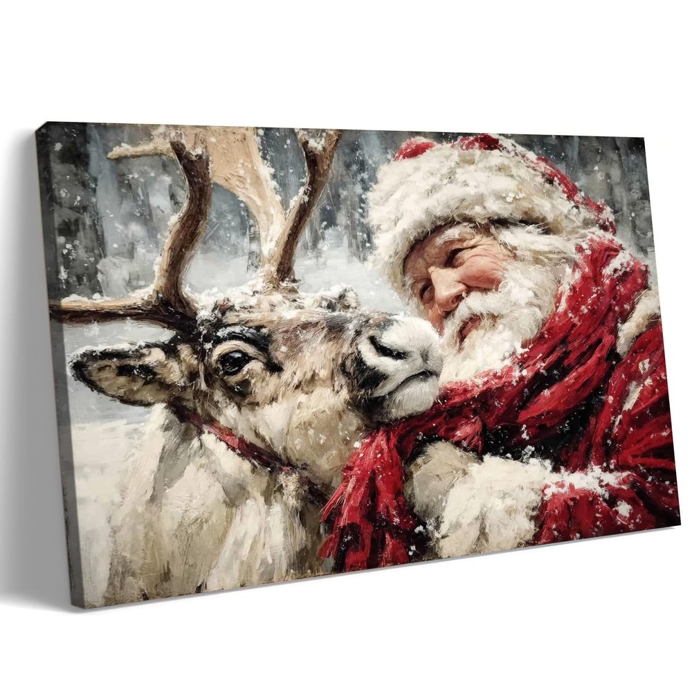 GUTTATY Christmas Canvas Wall Decor, Winter Santa and Reindeer Pictures, Holiday Snowy Red Scarf Canvas Artwork for Living Room, Festive Wall Prints for Winter Home Decor, 20x30 Inch