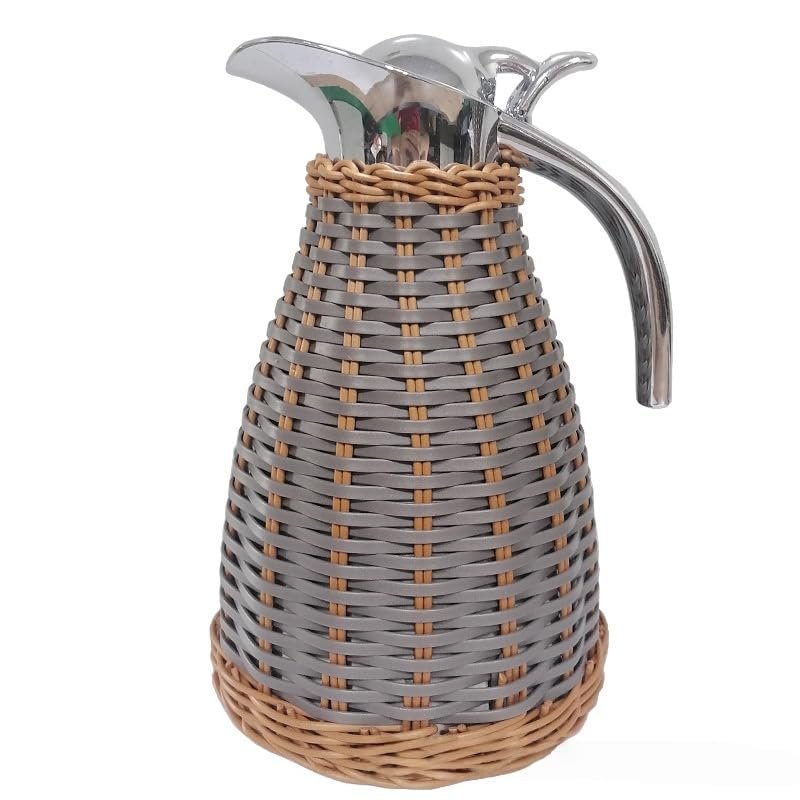 1.5 Litre/ 51Oz Stainless Steel Thermal Jug with Handmade Rattan BodyHot Water Tea DispenserRetention 24hfor Dining Tables, Coffee Shops, and Beverage Shops(Color:Grey)