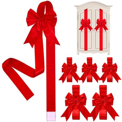 Licsaliwe Christmas Cabinet Bows, 6Pcs Red Large Fabric Bow Decor for Kitchen Cabinets, Doors, Furniture, Holiday Party Christmas Home Decorations/39.4x7.9 Inch