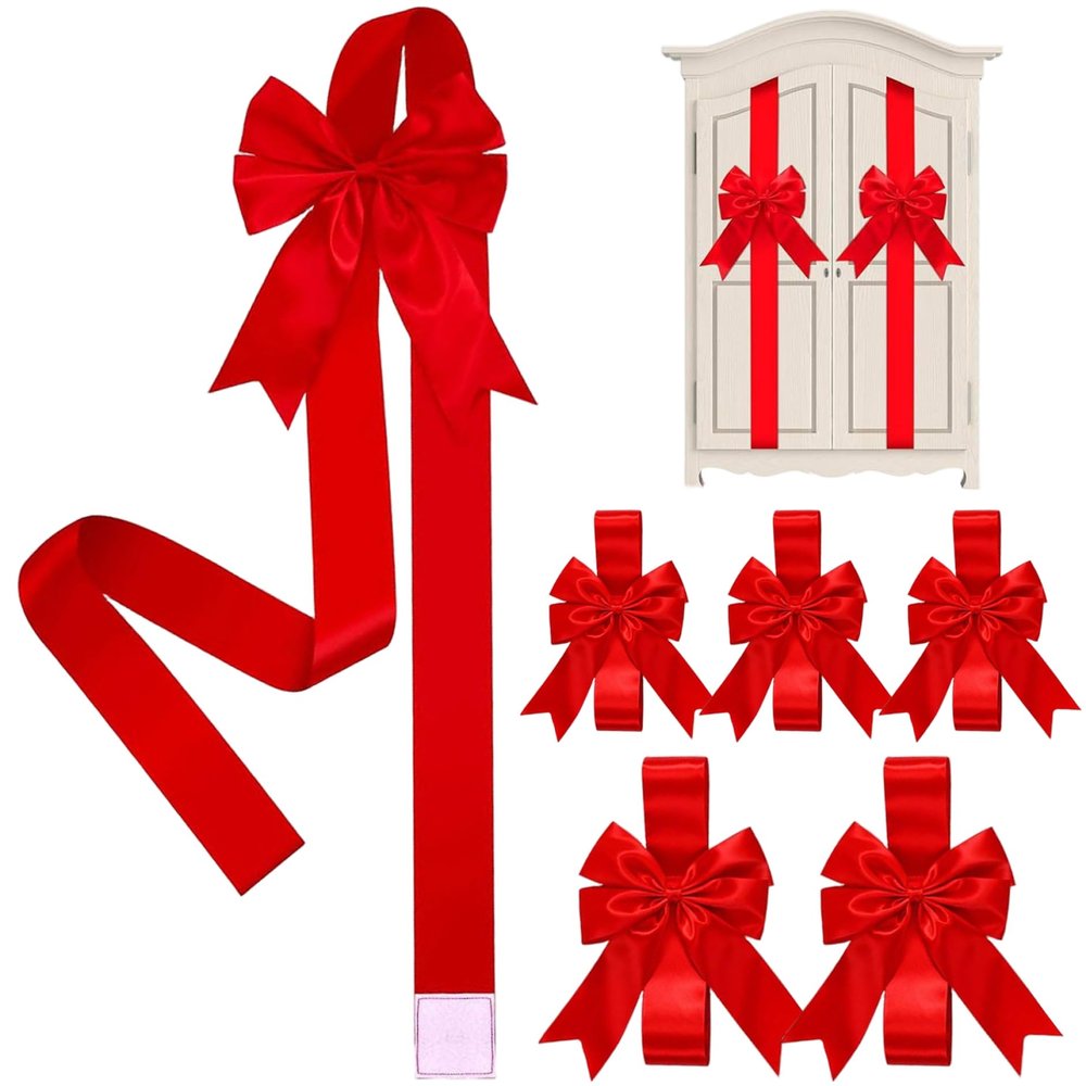 Licsaliwe Christmas Cabinet Bows, 6Pcs Red Large Fabric Bow Decor for Kitchen Cabinets, Doors, Furniture, Holiday Party Christmas Home Decorations/39.4x7.9 Inch