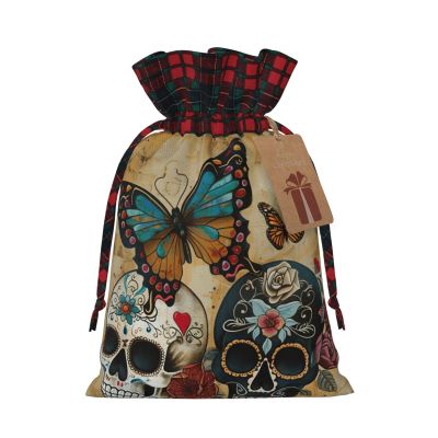 AKDODK Sugar Skulls Butterfly Print Christmas Drawstring Packaging Bags,Cloth Snack Bags,Suitable For Candy,Gifts And Storage