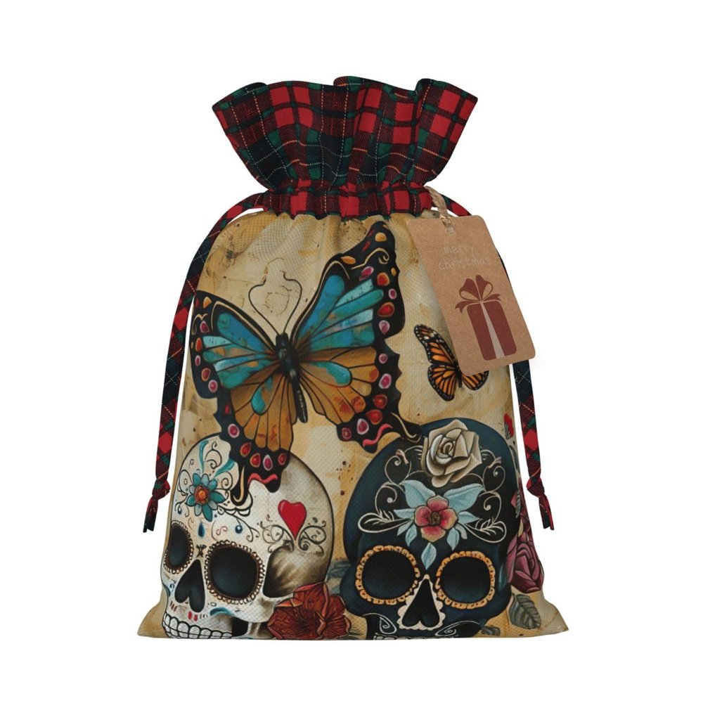 AKDODK Sugar Skulls Butterfly Print Christmas Drawstring Packaging Bags,Cloth Snack Bags,Suitable For Candy,Gifts And Storage