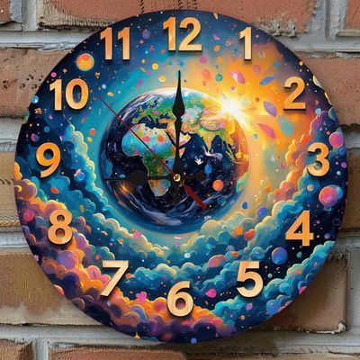 1pc Wooden Silent Wall Clock 10 * 10inch Colorful Earth Globe Wall Clock with Cosmic Clouds Design for Modern Home Decor and Kids Room Art (COLOR3)