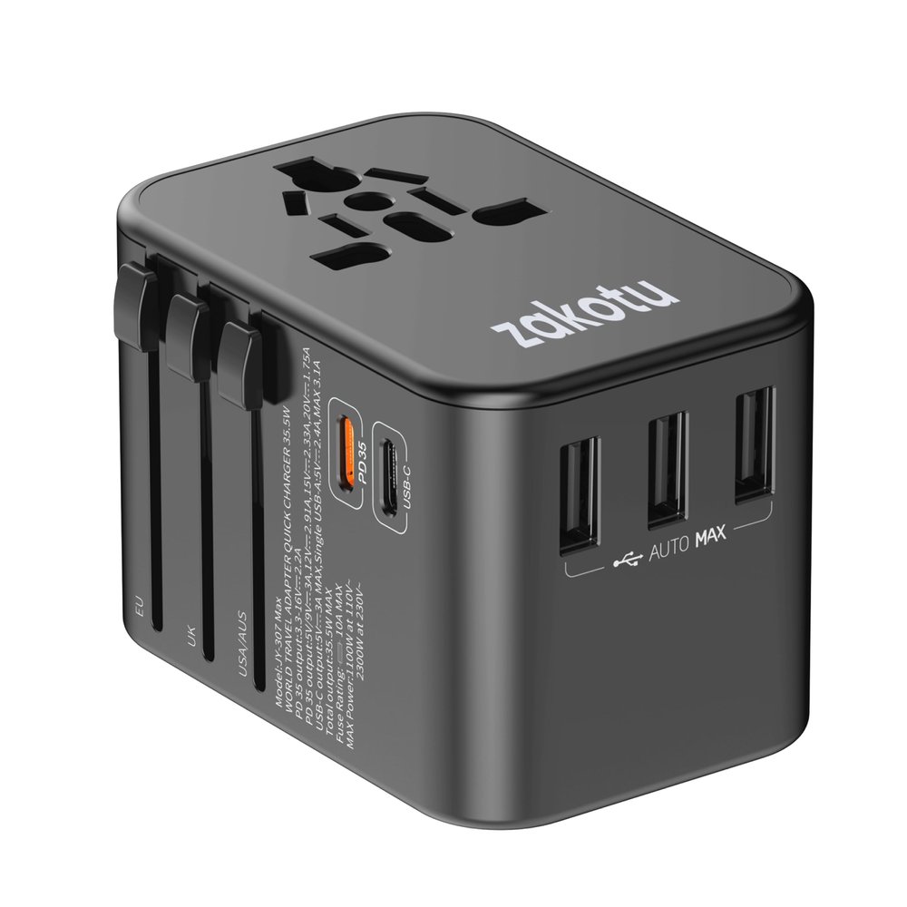 Universal All in One 35.5W Worldwide Travel Adapter with PD&QC 3.0 Dual USB-C, 3 USB Travel Adapter Worldwide, International Power Adapter with Type I C G A Outlets 110V 220V A/C-EU Euro US UK