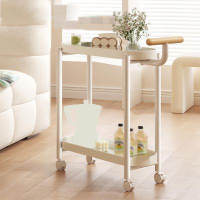 Multifunctional Mobile Cart with Fencing and Handle, Rolling Sofa Side TableStorage RackSmall Flower Stand, Suitable for Living Room, Bedroom, Balcony (White)