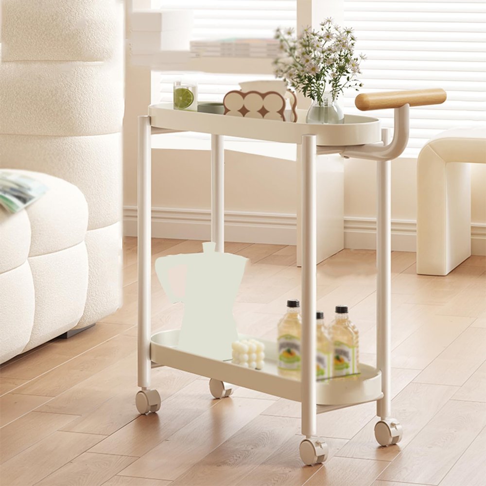 Multifunctional Mobile Cart with Fencing and Handle, Rolling Sofa Side TableStorage RackSmall Flower Stand, Suitable for Living Room, Bedroom, Balcony (White)