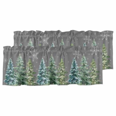 Rullikatlyi Grey Green Christmas Curtain Valances for Windows, Xmas Tree Kitchen Valance Window Treatments Panel 2 Pack, Snowflake Rod Pocket Short Curtains for Bathroom Bedroom 42 x 12 Inch