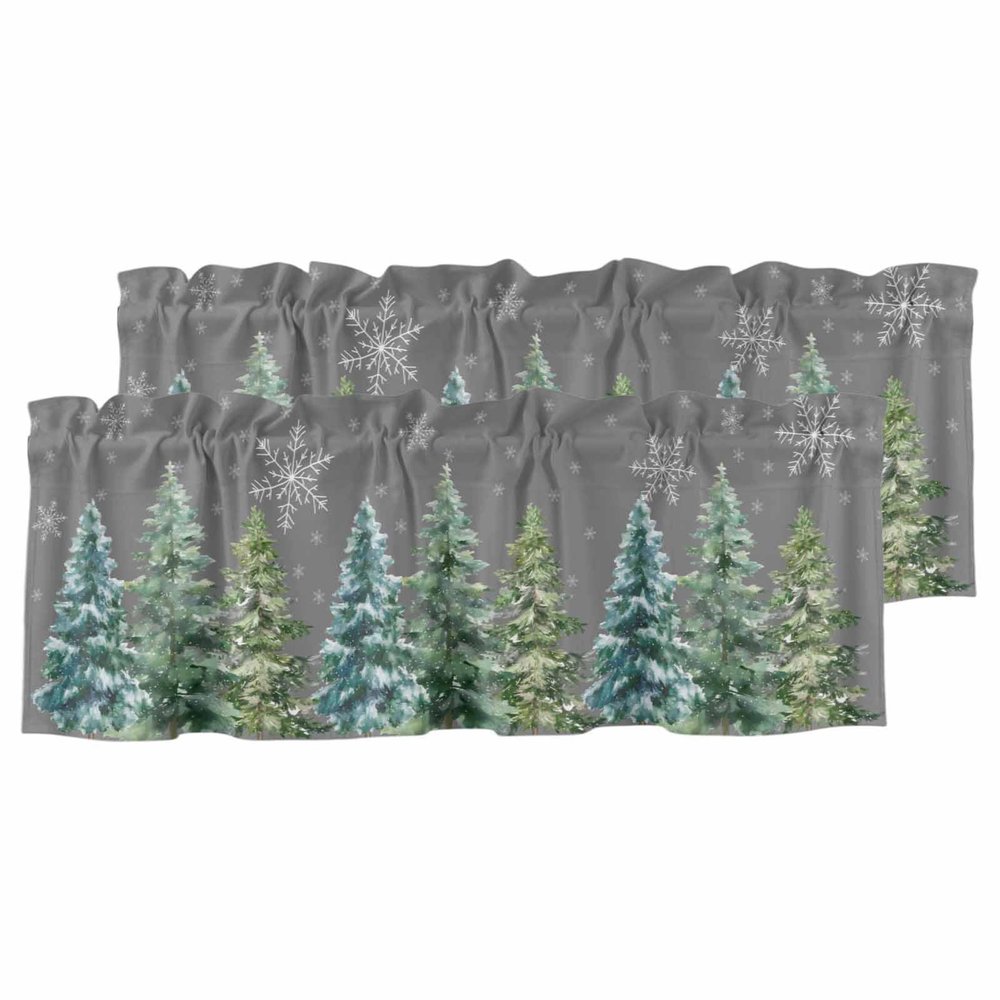 Rullikatlyi Grey Green Christmas Curtain Valances for Windows, Xmas Tree Kitchen Valance Window Treatments Panel 2 Pack, Snowflake Rod Pocket Short Curtains for Bathroom Bedroom 42 x 12 Inch
