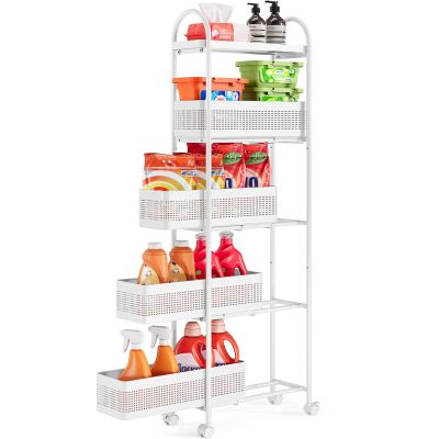 KINGRACK 5-Tier Slim Storage Cart with Pull Out Basket, Rolling Bathroom Organizer Utility, Metal Shelving Unit Slide Out, Lockable Wheels, Easy Assembly for Narrow Place, Kitchen, Laundry Room, White