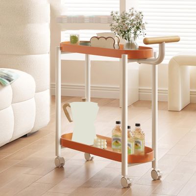 Multifunctional Mobile Cart with Fencing and Handle, Rolling Sofa Side TableStorage RackSmall Flower Stand, Suitable for Living Room, Bedroom, Balcony (Orange)