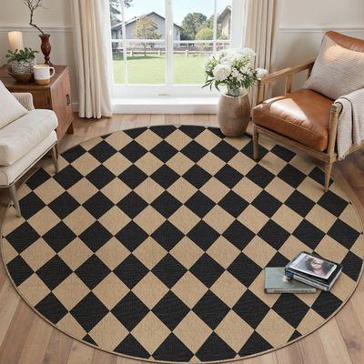 PureCozy Round 6ft Black Checkered Washable Area Rug Indoor Outdoor