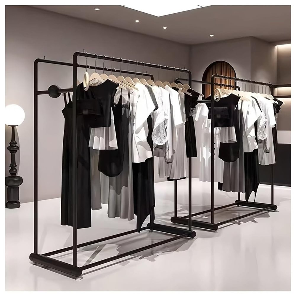 LIUZQWAED Floor Standing Double-Pole Clothing Rack, Heavy Duty Metal Iron Clothes Rail, Clothing Store Coat Hanging Rack, Easy to Assemble, for Home Showroom and Store(150x53x135 cm)