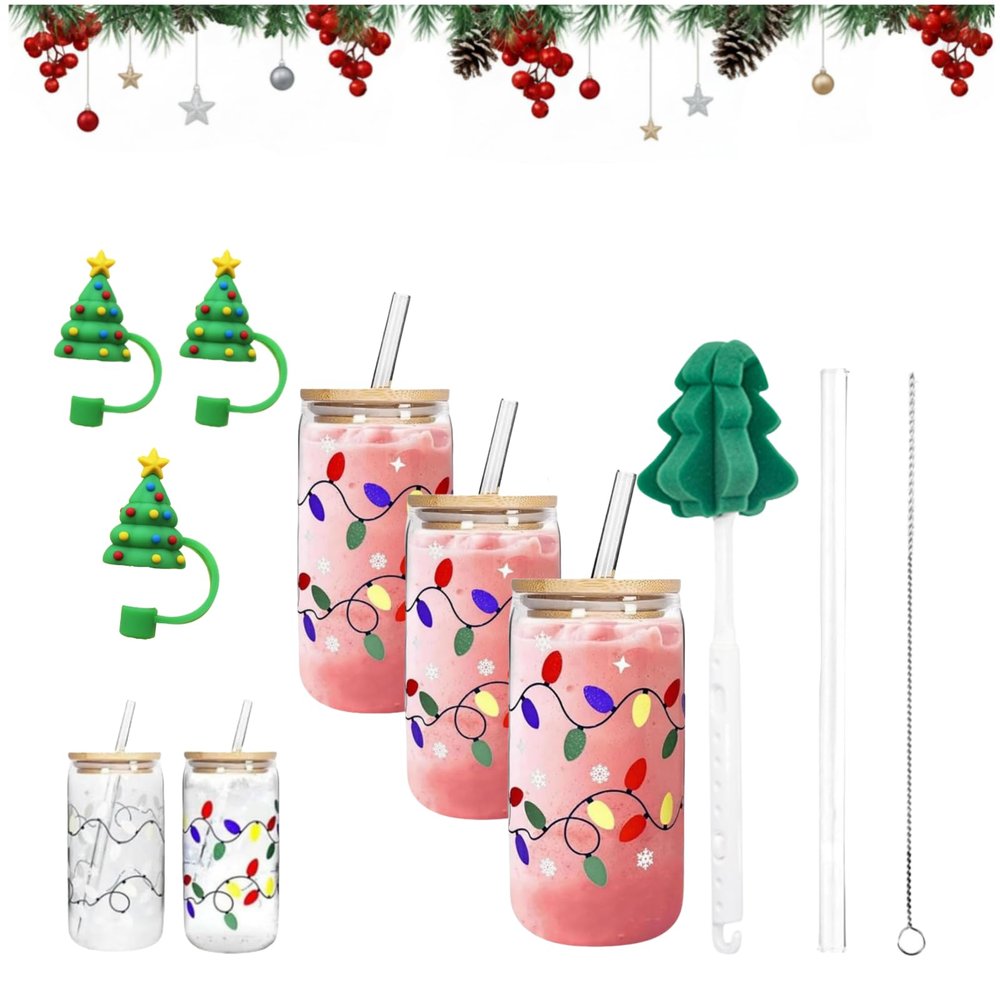 Color Changing Christmas Glass Cup, Cute Glass Cups with Lids and Straws, Reusable Travel Mug for Cold Water, Iced Coffee Mug for Xmas Party Gifts, 500ml with Cup Brush and Straw Topper (3 PCS)