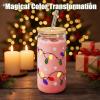 Color Changing Christmas Glass Cup, Cute Glass Cups with Lids and Straws, Reusable Travel Mug for Cold Water, Iced Coffee Mug for Xmas Party Gifts, 500ml with Cup Brush and Straw Topper (3 PCS) view 2