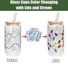 Color Changing Christmas Glass Cup, Cute Glass Cups with Lids and Straws, Reusable Travel Mug for Cold Water, Iced Coffee Mug for Xmas Party Gifts, 500ml with Cup Brush and Straw Topper (3 PCS) view 3
