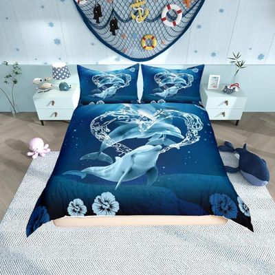 Cute Dolphin Bedding Set,Dolphins Play with Water Duvet Cover for Kids Teens Boys,Moonlight at Night Comforter Cover Decorative Room,Sea Animals Quilt Cover with 2 Pillowcases,Full Size(No Comforter)