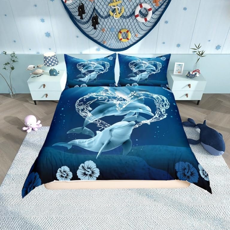 Cute Dolphin Bedding Set,Dolphins Play with Water Duvet Cover for Kids Teens Boys,Moonlight at Night Comforter Cover Decorative Room,Sea Animals Quilt Cover with 2 Pillowcases,Full Size(No Comforter)