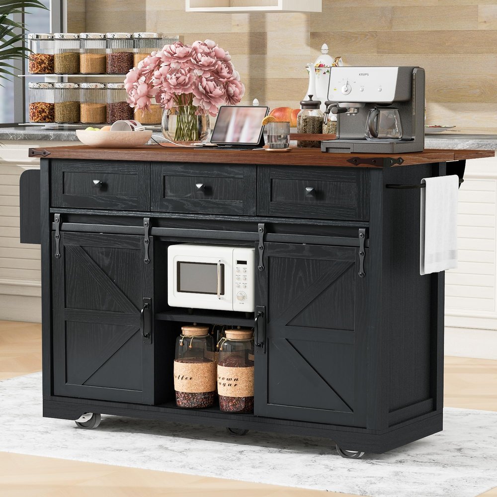 Merax 53.7-inch Kitchen Island with Power Outlet, Rolling Kitchen Island Cart on Wheels with 2 Sliding Barn Doors and 3 Drawers, Kitchen Storage Cart with Spice Rack for Dining Room,Black