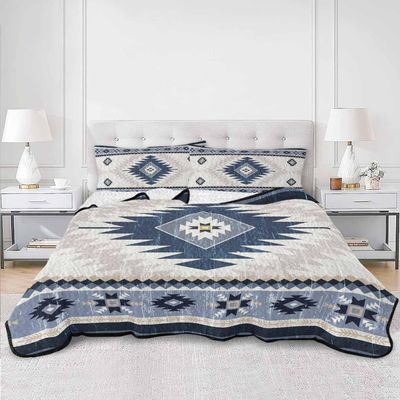 BketraquerC Twin Quilt Set, Aztec Blue Geometric Abstract Lightweight Soft Microfiber Summer Bedspread Coverlet with 2 Pillow Shams, Retro Ethnic Southwest Style 3 Piece Bedding Set for All Seasons