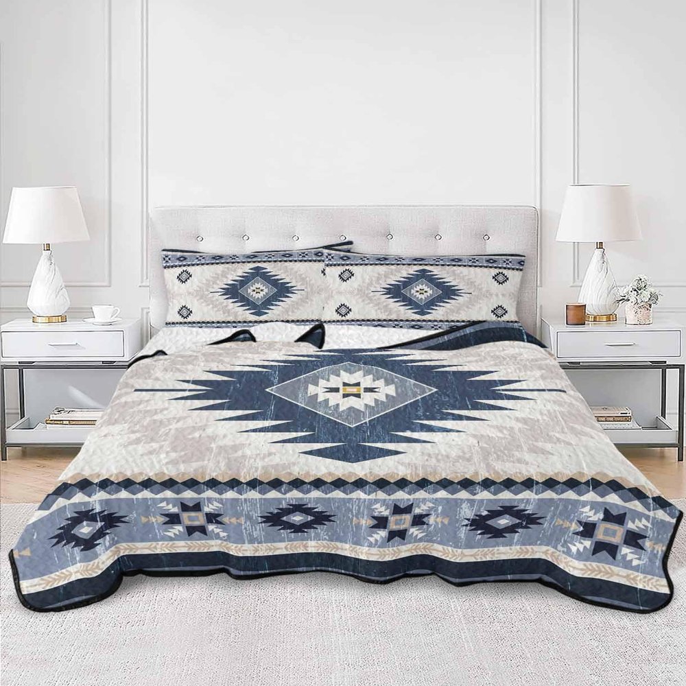 BketraquerC Twin Quilt Set, Aztec Blue Geometric Abstract Lightweight Soft Microfiber Summer Bedspread Coverlet with 2 Pillow Shams, Retro Ethnic Southwest Style 3 Piece Bedding Set for All Seasons
