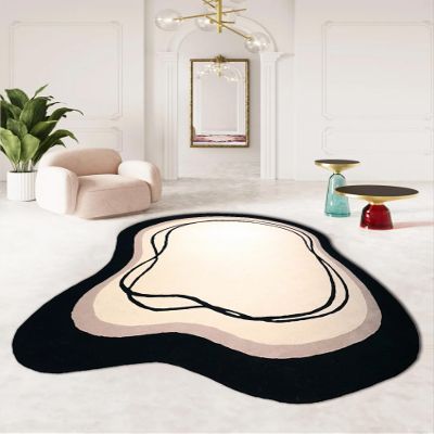 10x14 Irregular Area Rug Beige Black Curve Modern Abstract Art Washable Rug for Bedroom Diningroom Living Room Odd Shaped Rugs Minimalist Aesthetics Home Office Guestroom Stain Resistant Large Carpet