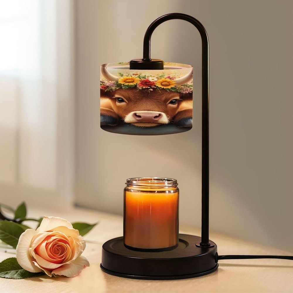 Candle Warmer Lamp with Timer and Dimmer, Cute Highland Cow Baby Rustic Farmhouse Brown Daisy Calf Painting Wax Melt Warmer with 4 Bulbs, House Warming Birthday Gifts for Women Mom New Home Decor